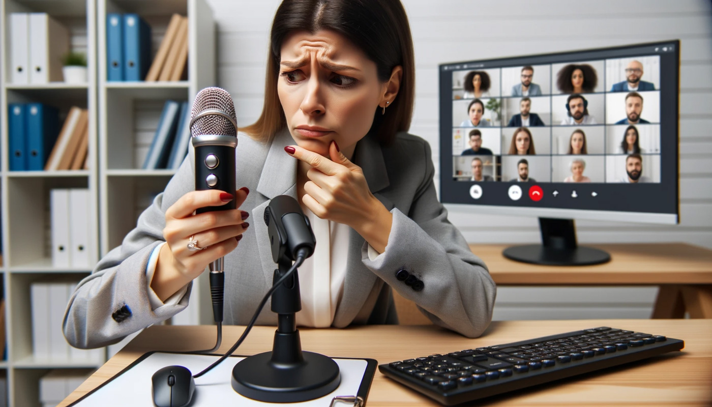 A woman testing a microphone online before starting a webinar